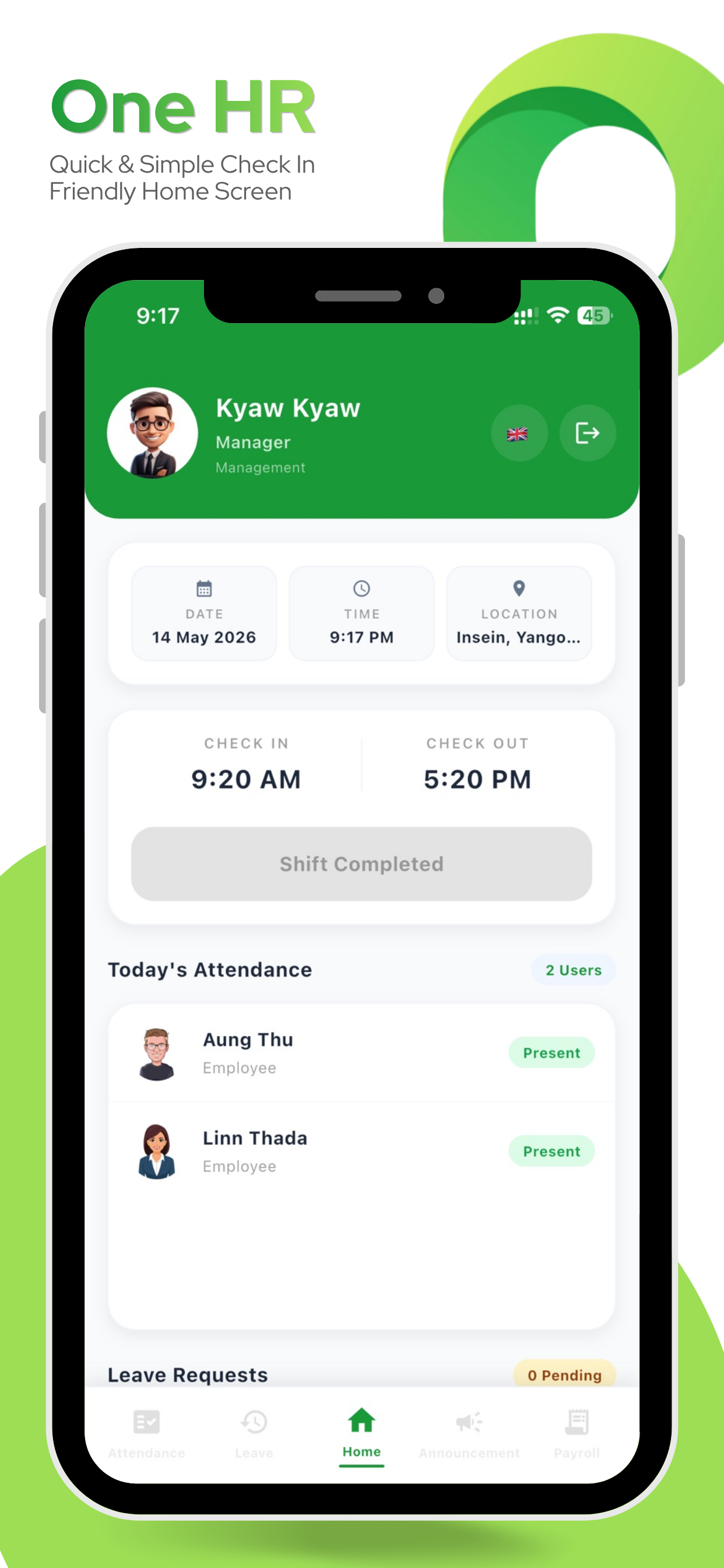 One HR home screen showing check in and attendance