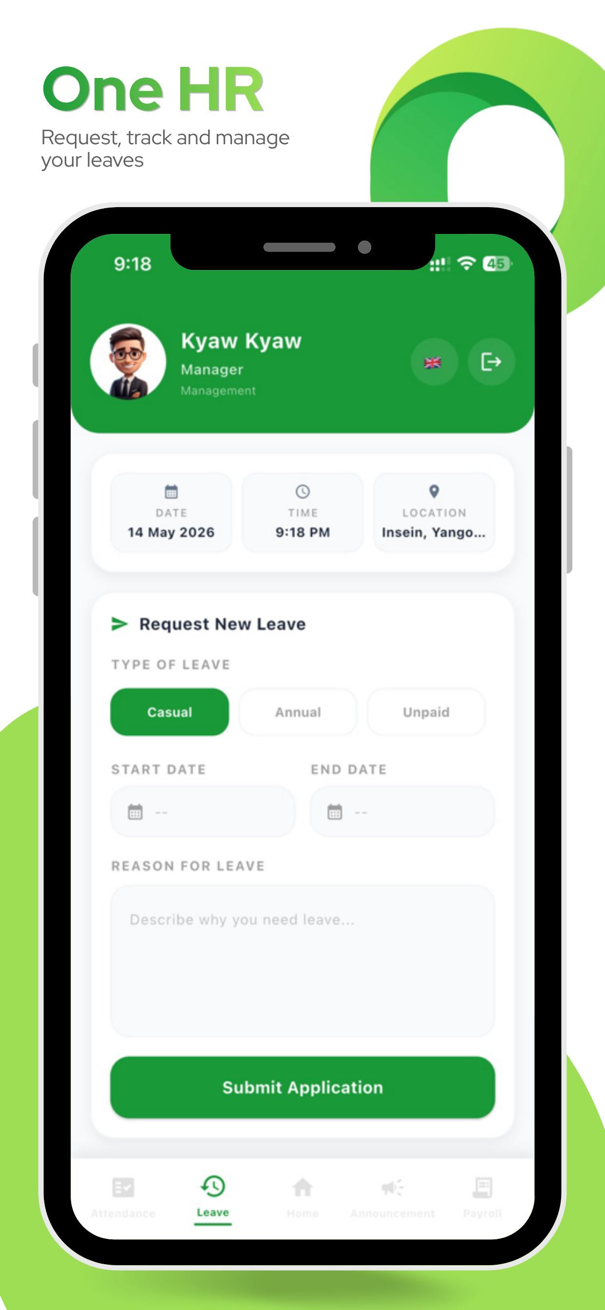 One HR leave request screen