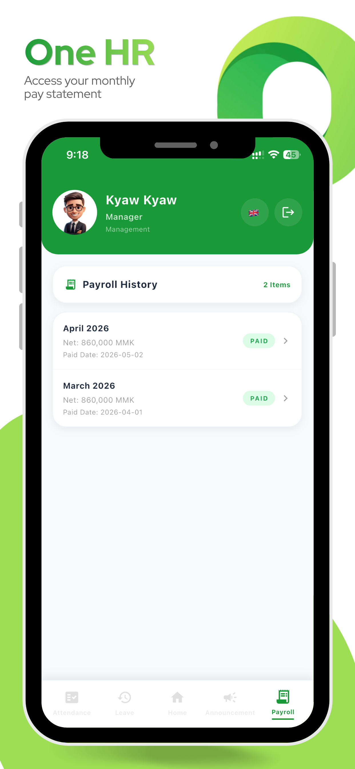Payroll history screen